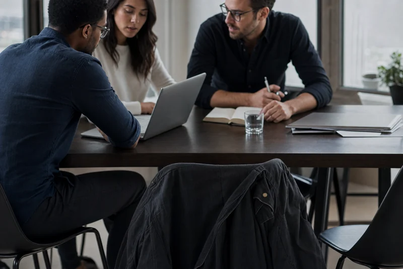 Colleagues collaborating closely over a laptop at a table