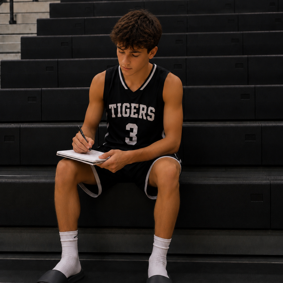 Athlete reviewing fundraiser notes on gym bleachers