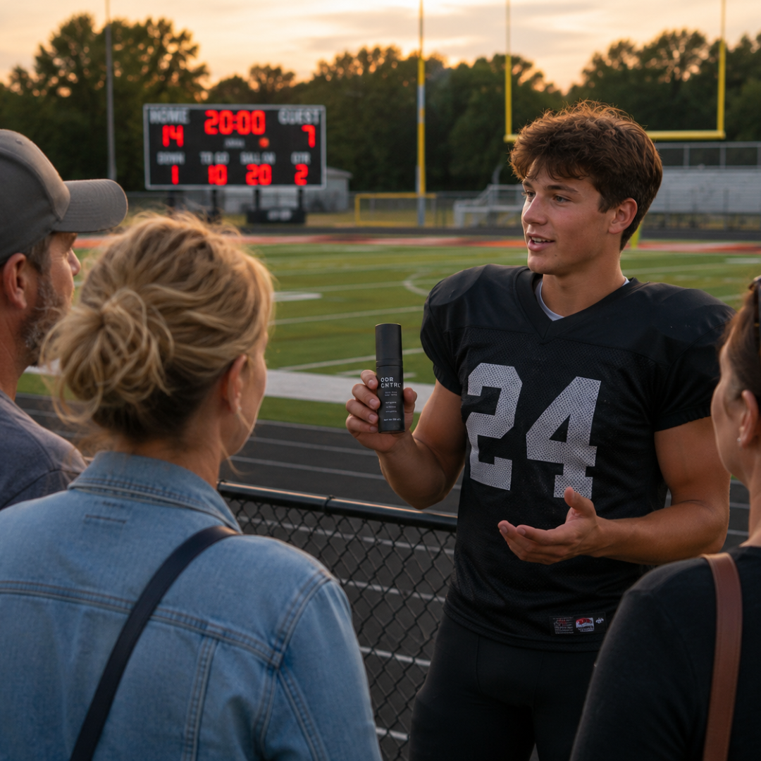Athlete explaining ODR CNTRL fundraiser math after game
