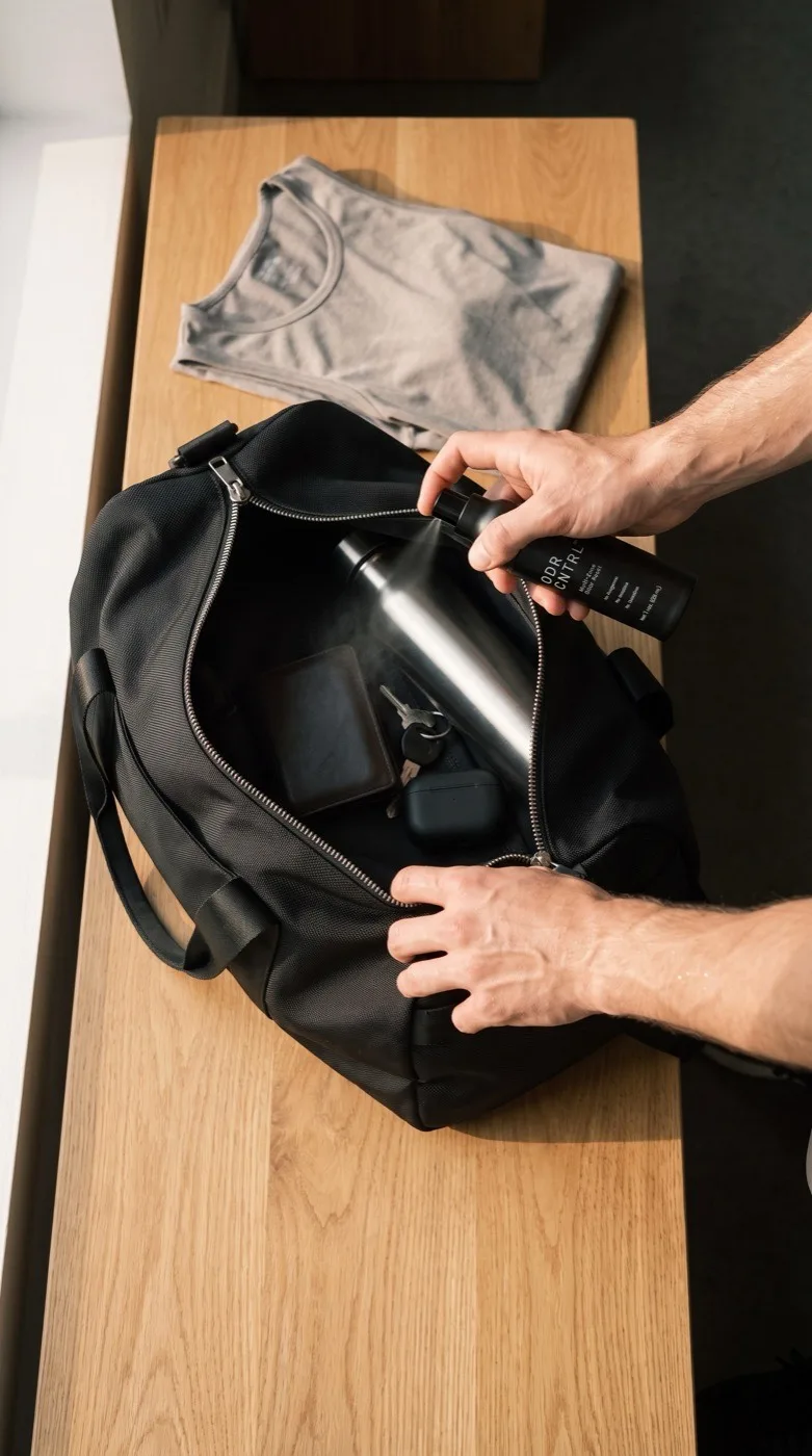 Fragrance-free odor reset spray used on gym bag and athletic gear