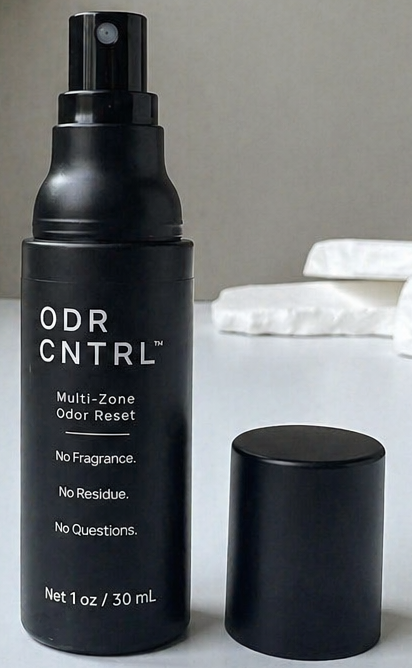ODR CNTRL spray bottle with cap on a clean bedside surface