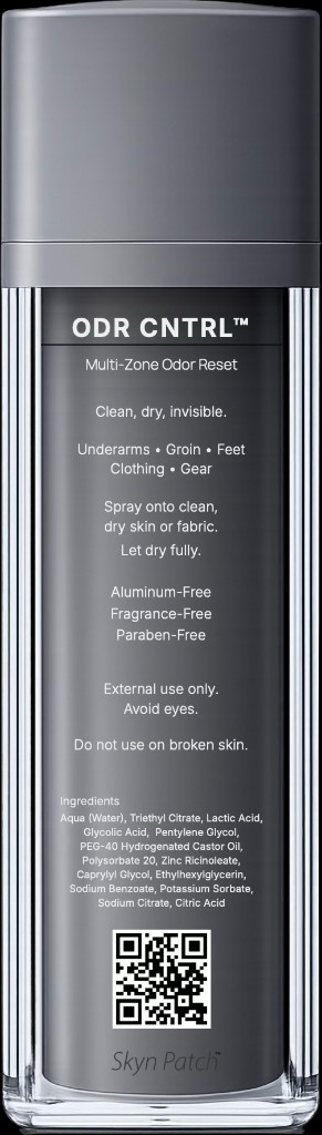 ODR CNTRL, back of bottle: directions, aluminum-free, fragrance-free, paraben-free, 1 oz