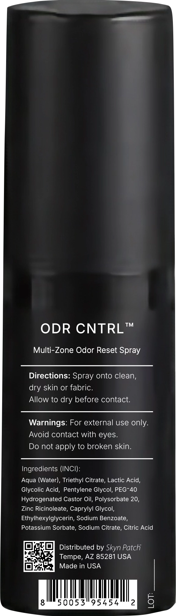 ODR CNTRL bottle back label: Multi-Zone Odor Reset; application areas and directions; aluminum-free, fragrance-free, paraben-free; full INCI list; Skyn Patch QR