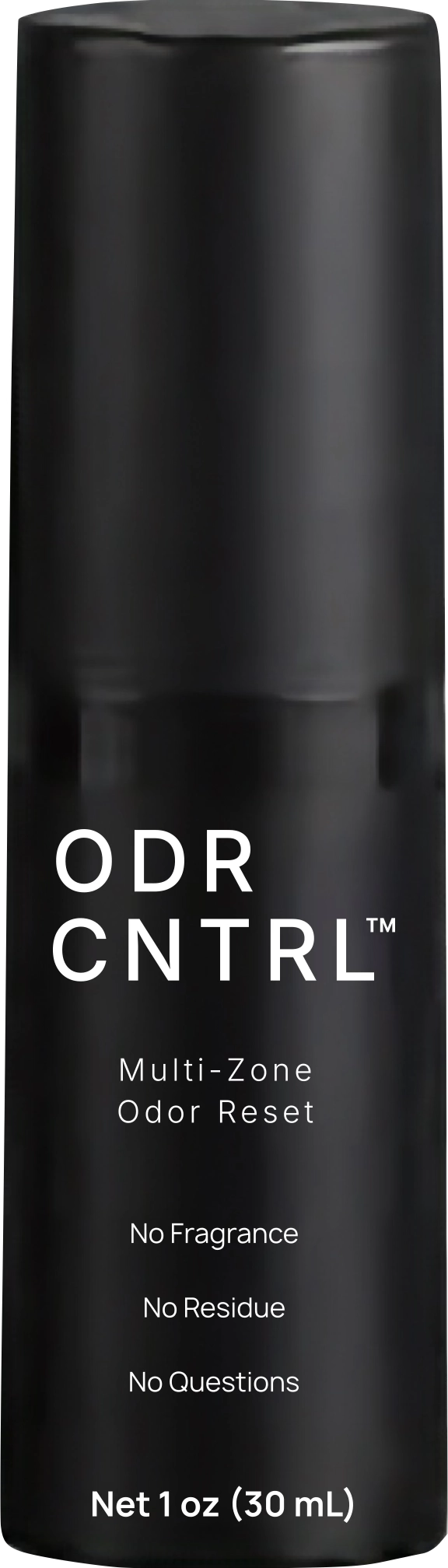 ODR CNTRL bottle front label: ODR CNTRL™, Engineered to Disappear, Multi-Zone Odor Reset; No Fragrance, No Residue, No Questions; Net 1 oz / 30 mL