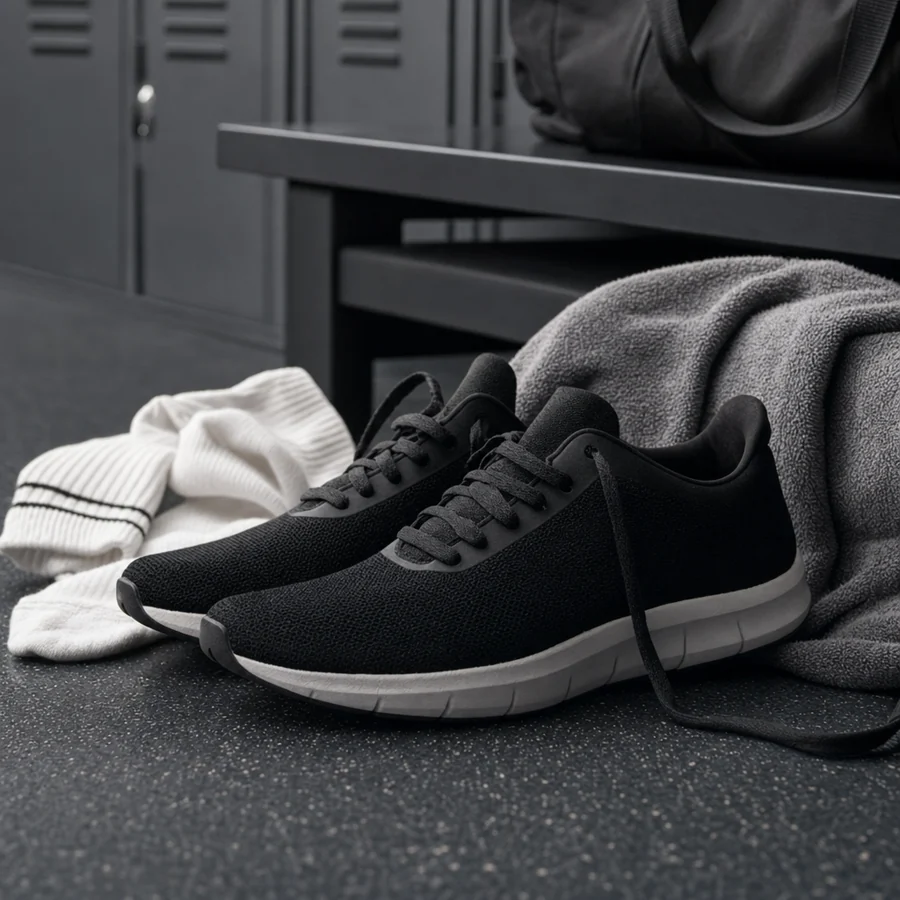 Athletic running shoe on a solid background
