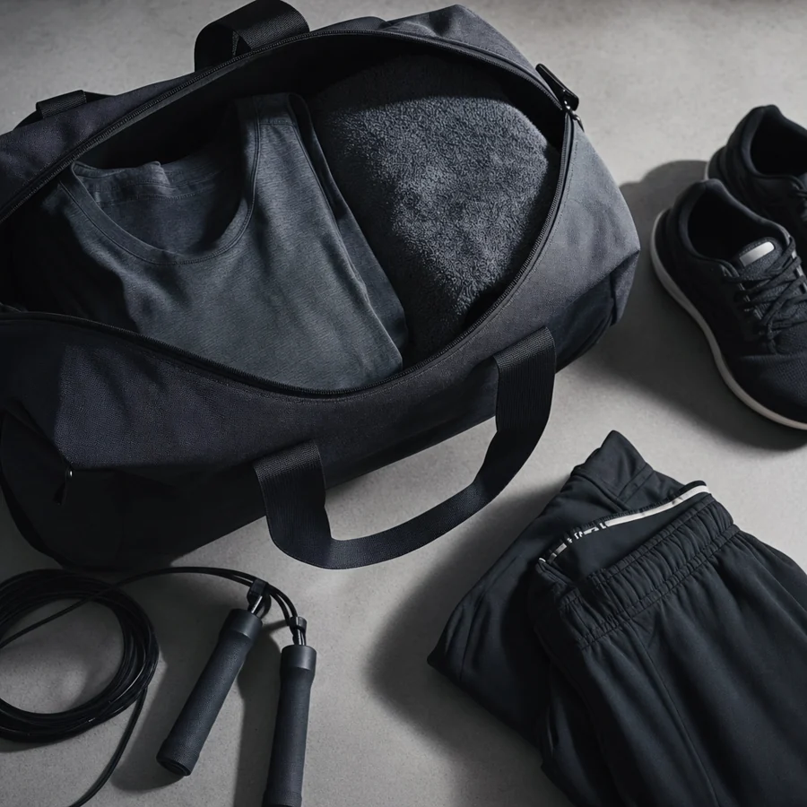 Gym backpack on a light floor; bag for clothes and layers